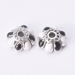 合金エナメルビーズキャップ  8花びら  花  アンティークシルバー  ブラック  9x4mm  穴：2mm&nbsp;ENAM-E297-01AS