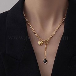 Ожерелья из сплава с подвеской в виде овального сердца из черного стекла с застежками-тогглами&nbsp;FS-WGED1AD-01