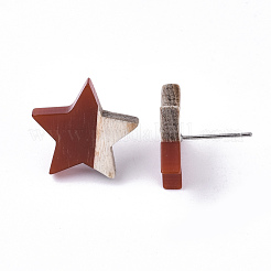 樹脂と木のスタッドピアス  304ステンレスピン付き  スター  ココナッツブラウン  17x18mm  ピン：0.7mm&nbsp;EJEW-N017-001A-C04