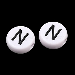 不透明な白いアクリルヨーロッパビーズ  エナメル加工されたフラットラウンドい大きな穴のビーズ  文字N  25x10mm  穴：6mm  約95個/500g&nbsp;AC-CBA3BDD-01N