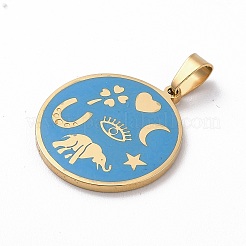304ステンレスペンダント  エナメル  ゴールドカラー  目と象の付いたフラットラウンド  ライトスカイブルー  22x19.5x1.5mm  穴：5.5x3mm&nbsp;STAS-F306-06G