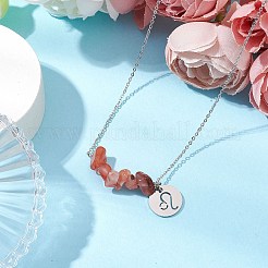 天然南赤瑪瑙チップ＆星座ペンダントネックレス  304ステンレススチールアズキチェーンネックレス  ステンレス鋼色  レオ  16.93インチ（43cm）&nbsp;NJEW-JN05084-05