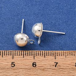 真鍮製スタッドピアスパーツ  カドミウムフリー＆鉛フリー  半円  カン付き  925銀メッキ  10x7.5mm  穴：1.5mm  ピン：12x0.8mm&nbsp;KK-G604-01S-04
