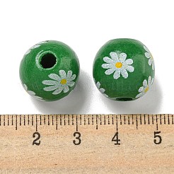プリントウッドヨーロピアンビーズ  デイジー模様の丸い  グリーン  15.5~16mm  穴：4~4.5mm&nbsp;WOOD-G022-19B