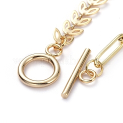 真鍮製のペーパークリップチェーン/穂軸チェーンネックレス  304ステンレススチールトグル留め具付き  葉  ゴールドカラー  17インチ（43.3cm）&nbsp;NJEW-JN02781-02
