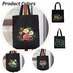 DIYフラワー模様トートバッグ刺繍キットを作る  刺繍針と糸を含む  綿布バッグ  プラスチック刺繍フレーム  ブラック  615mm&nbsp;DIY-WH0349-21C