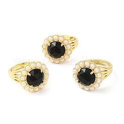 Anello regolabile con fiore di pietra preziosa mista naturale placcato ionico (ip) con perline di plastica&nbsp;RJEW-E075-02G