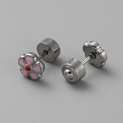 女性用304ステンレススチールスタッドピアス  花  ピンク  6.5x6.5mm&nbsp;EJEW-WH0016-33P