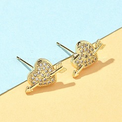 Серьги-гвоздики из латуни с микро-паве и прозрачным фианитом в форме сердца&nbsp;EJEW-A132-08G