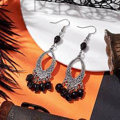 Orecchini pendenti in turchese sintetico tinto con teschio di Halloween e lega&nbsp;EJEW-JE05890-01