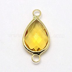 ゴールデントーン真鍮ガラスティアドロップリンクコネクター  きいろ  21x11x5mm  穴：2mm&nbsp;GLAA-J010A-HF06-G