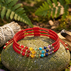 3 bracelet tressé ajustable en perles rondes de pierres naturelles et synthétiques mélangées&nbsp;ZZ4943-1