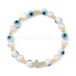 Bracelets extensibles en perles de culture d'eau douce naturelles et filigrane orné d'un œil protecteur&nbsp;BJEW-JB14283-01