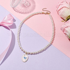 白いガラスパールビーズネックレス  女性用合金エナメルペンダントネックレス  花  ゴールドカラー  鳥  15.63インチ（39.7cm）&nbsp;NJEW-JN04652-05