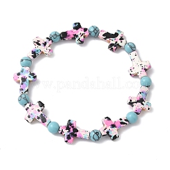 Браслеты из синтетических бирюзовых бусин с крестом и круглыми бусинами BJEW-JB12341-03