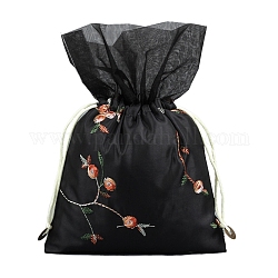 Pochettes de fleurs brodées en soie, sac de cordon, rectangle, noir, 25x16 cm