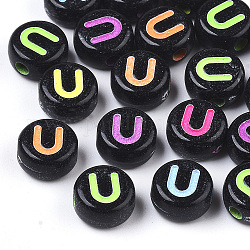 Perles noires opaques acryliques, trou horizontal, plat rond avec lettre de couleurs mélangées, letter.u, 7x4mm, Trou: 1.6mm, environ 2088 pcs/290 g