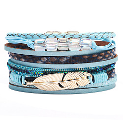 Bracelets multi-rangs en cuir PU, avec des cordes de polyester ciré, fermoir magnétique et strass en alliage, plume, or, bleu ciel, 7-1/2 pouce (19 cm), 40mm