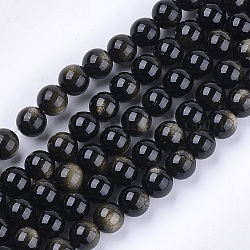 Chapelets de perles en obsidienne dorée naturelle, Grade a, ronde, 8mm, Trou: 1mm, Environ 23~25 pcs/chapelet, 7.6 pouce