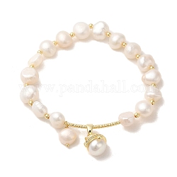 Natural Pearl & Brass Tube Stretch Bracelets, with Teardrop Charms, Real 14K Gold Plated, Inner Diameter: 2 inch(5.1cm)