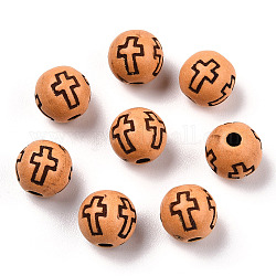 Perles acryliques de bois imitation, rond avec motif croisé, Sandy Brown, 8mm, Trou: 2mm, environ 1800 pcs/500 g