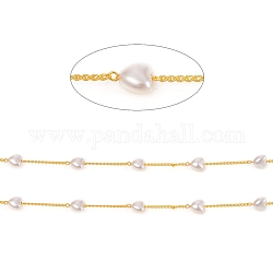 Handgefertigte Perlenketten aus Messing, mit ccb Kunststoffimitat Perlen & Spule, gelötet, langlebig plattiert, Herz, weiß, echtes 18k vergoldet, Herz: 6x6.5x4 mm, Link: 2x1x0.6 mm, ca. 32.8 Fuß (10m)/Rolle