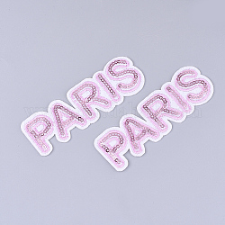 Computerized Embroidery Cloth Iron on/Sew on Patches, with Paillette/Sequins, Appliques, Costume Accessories, Word Paris, Pearl Pink, 33x101x1.5mm