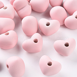 Perles acryliques, de Style caoutchouté, demi-percés perles, cœur, rose, 14.5x18.5x13.5mm, Trou: 3.5mm
