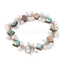 Bracelets de perles de coquille d'ormeau naturel de losange/coquille de paua, avec des perles de perles naturelles et 304 fermoir à bascule en acier inoxydable, colorées, 7-7/8 pouce (20 cm)