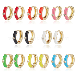 ANATTASOUL 8 Pairs 8 Colors Real 18K Gold Plated Enamel Hoop Earrings with Clear Cubic Zirconia, Light Gold Brass Jewelry for Women, Mixed Color, 12.5x13.5x3mm, Pin: 1mm, 1 Pair/color