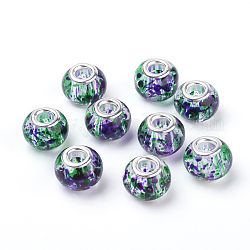 Perles européennes en verre peint, avec noyaux en laiton plaqué couleur argent, Perles avec un grand trou   , rondelle, colorées, 14~15x9.5~11mm, Trou: 5mm