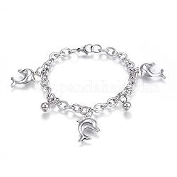 304 Stainless Steel Charm Bracelets, Dolphin, Stainless Steel Color, 7-1/2 inch(190mm)x6mm