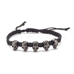 Bracelet de perles tressées en alliage de tête de mort, bracelet réglable halloween pour femme, gunmetal, diamètre intérieur: 2-3/8~3-3/8 pouce (5.9~8.7 cm)