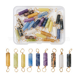 Fashewelry 36Pcs 9 Styles Natural Gemstone Connector Charms, with Light Gold Eco-Friendly Copper Wire Double Loops, Column, 22~23.5x4mm, Hole: 2.2~2.4mm, 4pcs/style