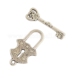 Tibetan Style Toggle Clasps, Lock & Key, Lead Free & Cadmium Free, Antique Silver, Lock: 24x13x1.5mm, Hole: 1mm, Key Bar: 23x8x4mm, Hole: 1mm, about 552sets/1000g