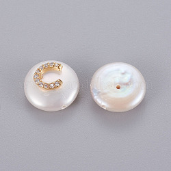 Perle coltivate d'acqua dolce perla naturale, con ottone cubic zirconia risultati, round piatto con lettera c, oro, 13.5~15x6~7mm, Foro: 0.8 mm