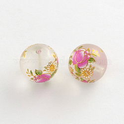 Blumenbild gefrostet transparent Glas runde Perlen, mit goldenen Metall umschlungen, neon rosa , 14x13 mm, Bohrung: 1.5 mm