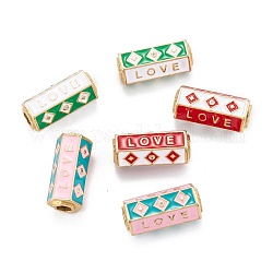 Real 18K Gold Plated Brass Micro Pave Clear Cubic Zirconia Tube Beads, with Enamel, Hexagonal Prism with Word Love, Mixed Color, 22x11x9.5mm, Hole: 4.5x4mm