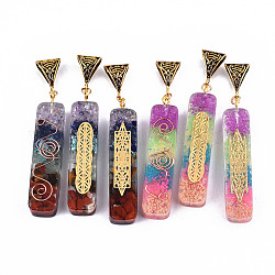 Transparent Epoxy Resin Pendants, with Natural Gemstone Chip and Antique Golden Tone Iron Peg Bail and Foil, with Brass Snap On Bails, Cuboid, Mixed Color, 50.5x10.5x8mm, Hole: 5x9mm.