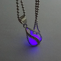 Alloy Teardrop Cage Pendant Necklace with Synthetic Luminaries Stone, Glow In The Dark Jewelry for Women, Purple, 23.62 inch(60cm)