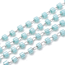 Toho japon importer des perles de rocaille, Chaînes de perles en verre manuels, soudé, couleurs opaques lustered, avec lesaccessoires en 2 acier inoxydable, colonne, couleur inoxydable, Aqua, 26.24mm, environ 8 pied ({2} m)/fil
