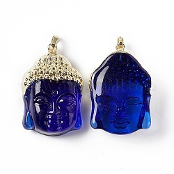 Pendenti in vetro blu medio, con rifiniture in ottone placcato a cremagliera, buddha testa, oro chiaro, 38.5x26x15.5mm, Foro: 4.5x6.5 mm