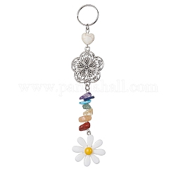 Flower Resin Keychains, with Chakra Gemstone Chip and 304 Stainless Steel Split Key Rings and Tibetan Style Alloy Links, White, 14.5cm