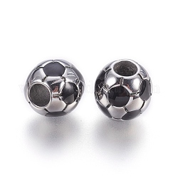 Perles européennes émaillées en 304 acier inoxydable, Perles avec un grand trou   , ballon de football / soccer, noir, couleur inoxydable, 12.5x12mm, Trou: 5mm