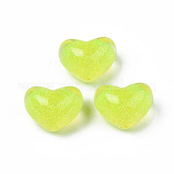 Cabochons acryliques translucides, avec de la poudre de paillettes, cœur, jaune vert, 14x18x12mm