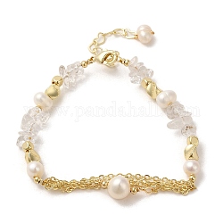 Pulsera de eslabones con borlas y cadenas de latón, con perlas naturales y virutas de cristal de cuarzo., real 14k chapado en oro, 6-5/8 pulgada (16.7 cm)