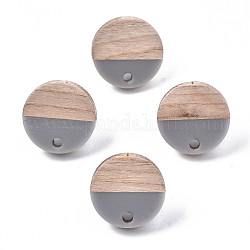 Opaque Resin & Walnut Wood Stud Earring Findings, with 304 Stainless Steel Pin, Flat Round, Silver, 15mm, Hole: 1.8mm, Pin: 0.7mm