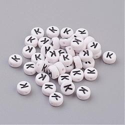 Flat Round with Letter K Acrylic Beads, with Horizontal Hole, White & Black, Size: about 7mm in diameter, 4mm thick, hole: 1mm