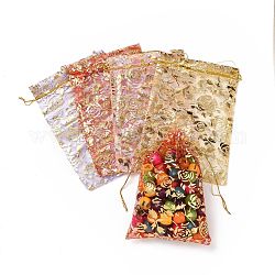 Estampage or rose fleur rectangle organza sacs-cadeaux, bijoux sachets d'emballage de étirables, couleur mixte, 16x12 cm