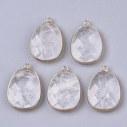 Pendentifs de cristal de quartz naturel, pendentifs en cristal de roche, avec des accessoires bordés en laiton plaqué or, sans nickel, facette, ovale, 25~26x17~18x5mm, Trou: 1.4mm